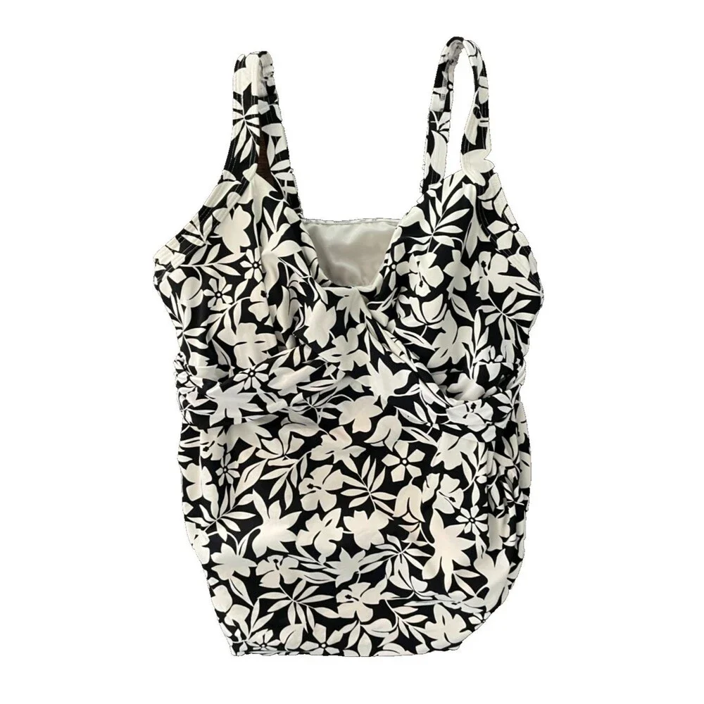 LANDS END Womens SWIM TOP Black Ivory FLORAL with Underwire Bra Size 16W/L Long
